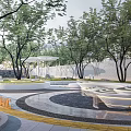 Modern Park Landscape With Lush Trees Circular Paths Green Lawn And Curved Benches