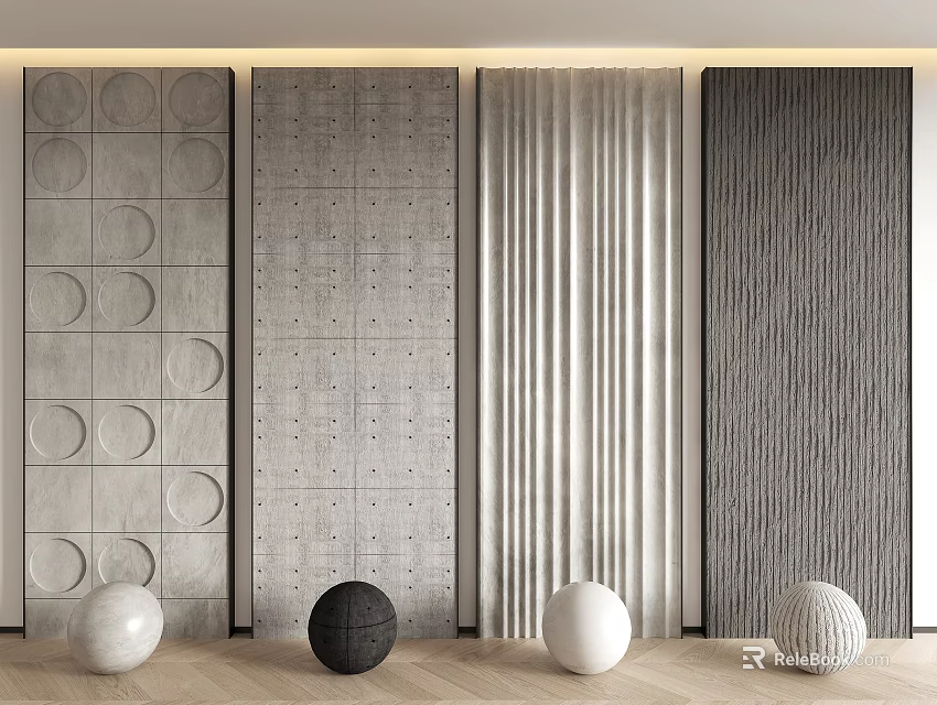 Modern Background Wall Designs With Geometric Patterns Dot Texture Vertical Stripes Wavy Texture And Decorative Spheres 3d model 