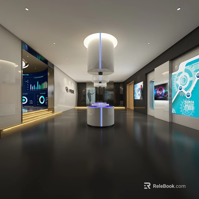 Modern Tech Exhibition Hall With Circular Booth Display Screens And Data Charts 3d model