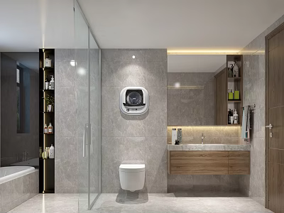 Modern Elegant Bathroom With Marble Tiles And Wooden Vanity Featuring Practical Wall Mounted Mini Washer 3d model