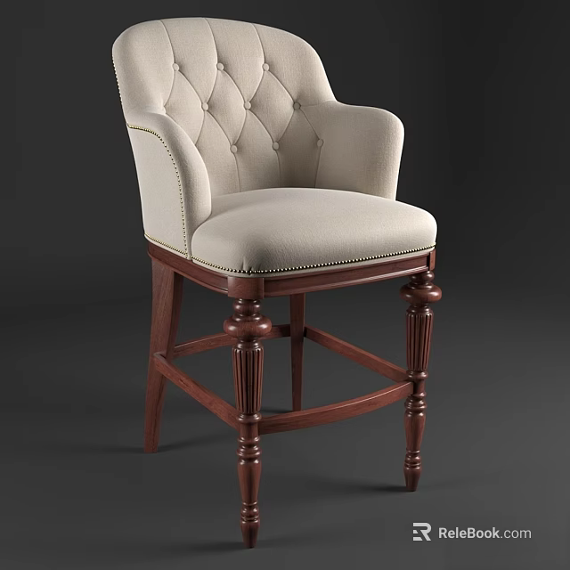 Elegant Single Chair With Tufted Beige Fabric Backrest Armrests And Wooden Legs 3d model 