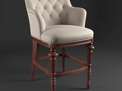 Elegant Single Chair With Tufted Beige Fabric Backrest Armrests And Wooden Legs 3d model