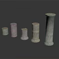 Classical Stone Columns With Various Sizes And Carved Textures On Dark Background With Reflections 3d model