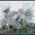 Floral Installation with Transparent Cube Frames White Blue Flowers and Green Plants 3d model