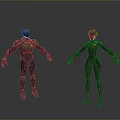 Futuristic Humanoid Beings in Dark Metallic Suits Standing with Glowing Details on Gray Reflective Surface