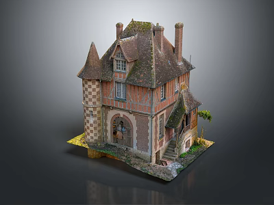Cartoon Scene of Fairy Tale House with Pointed Towers Brick Walls Chimneys and Arched Windows 3d model