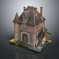 Cartoon Scene of Fairy Tale House with Pointed Towers Brick Walls Chimneys and Arched Windows