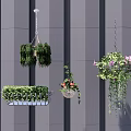 Bonsai Potted Plants Hanging On Gray Wall With Decorative Green Plants And Pink Flowers