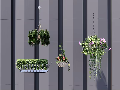 Bonsai Potted Plants Hanging On Gray Wall With Decorative Green Plants And Pink Flowers 3d model