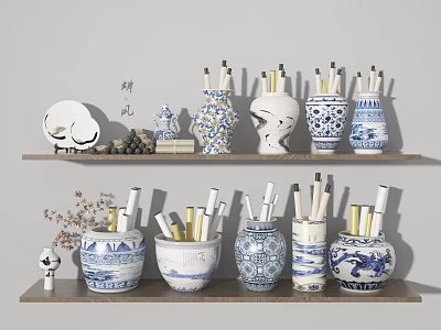Various Ceramic Vessels with Blue and White Patterns as Decorative Pen Holders on Shelf 3d model