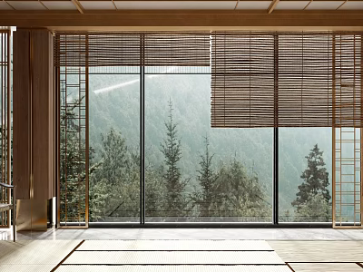 Bamboo Blinds For Large Glass Windows With Lush Green Forest View And Wooden Interior 3d model