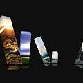 Transparent Prisms With Scenic Patterns On Black Background And White Gravel Base