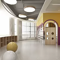 Fitness Studio With Yellow Walls Arched Mirrors Railings And Golden Ball For Workout