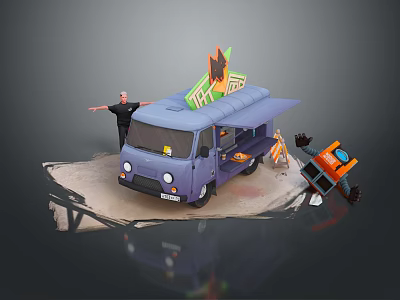 Purple Food Truck With HOT Sign And Orange Accessories For Daily Use 3d model