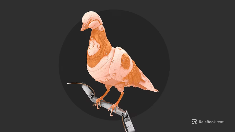 Artistic Brown and White Pigeon Standing on Metal Rod Against Black Circular Background 3d model 