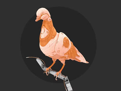 Artistic Brown and White Pigeon Standing on Metal Rod Against Black Circular Background 3d model