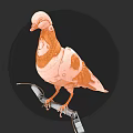 Artistic Brown and White Pigeon Standing on Metal Rod Against Black Circular Background