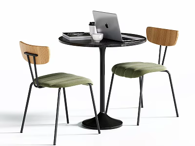 Round Black Modern Negotiation Table and Chairs with Wooden Backrest Green Cushion and Metal Legs 3d model