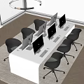 White Office Desk with Multiple Computer Monitors Keyboards Mice and Black Chairs in Workspace