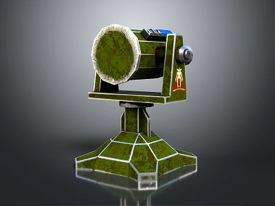 Green Camouflage Military Weapon With Circular Barrel Geometric Base Stand And Red Emblem 3d model