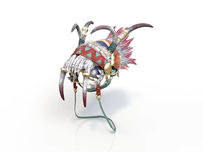 Traditional Ornamental Headdress With Colorful Feathers Horns And Tusk Elements On Display Stand 3d model