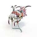 Traditional Ornamental Headdress With Colorful Feathers Horns And Tusk Elements On Display Stand