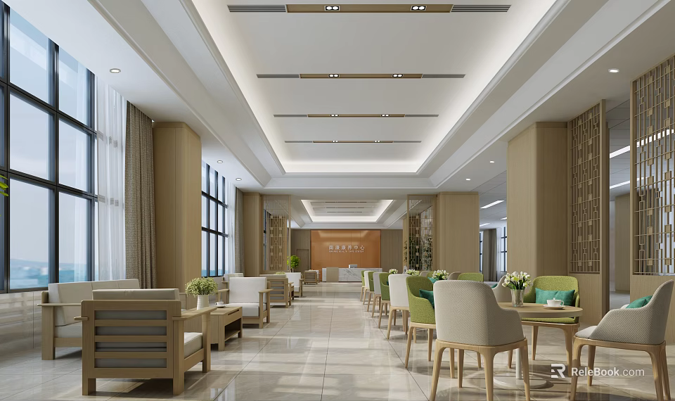 Modern Spacious Hall Interior Design With Wooden Sofas Tables Large Windows And Green Plants 3d model