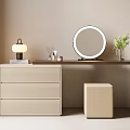 Modern Dressing Table Featuring Round Mirror Beige Stool Table Lamp Cosmetics And Green Plant 3d model