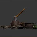 Vintage Rustic Scene With Axe On Wooden Stump Gun Bucket Shackle And Chilies