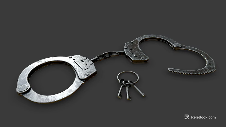 Vintage Metallic Handcuffs With Keys Isolated On Gray Background Closeup View 3d model 