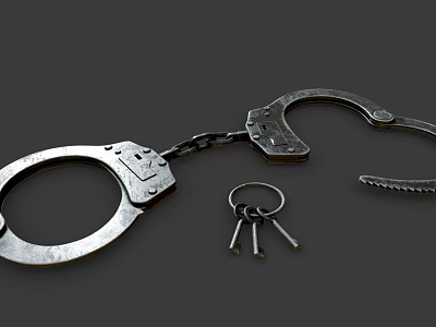 Vintage Metallic Handcuffs With Keys Isolated On Gray Background Closeup View 3d model