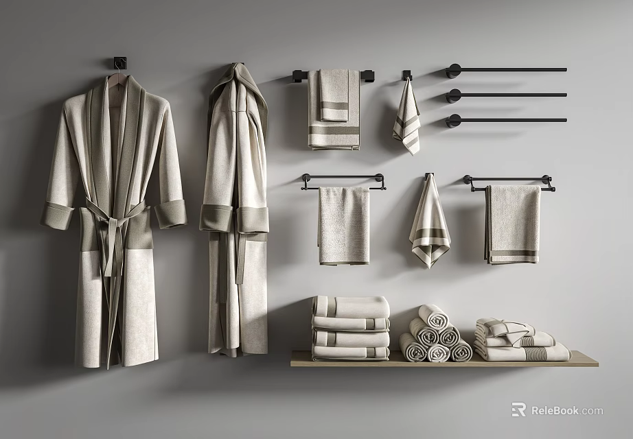 Elegant Bathroom Linen Collection With Hanging Bathrobes Towels Racks And Shelf 3d model 