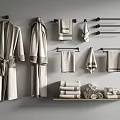 Elegant Bathroom Linen Collection With Hanging Bathrobes Towels Racks And Shelf