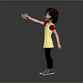 Little Girl In Yellow Polka Dot Dress Red Sleeves Black Leggings Holding Toy Gray Background