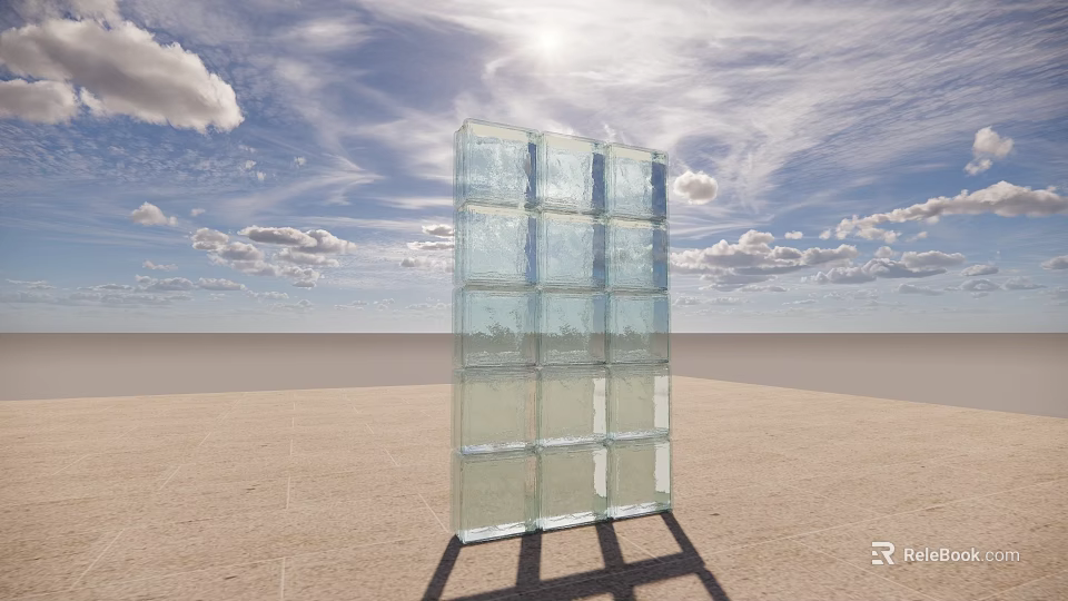 Transparent Glass Partition Made Of Glass Blocks In Blue Sky Sandy Ground 3d model 