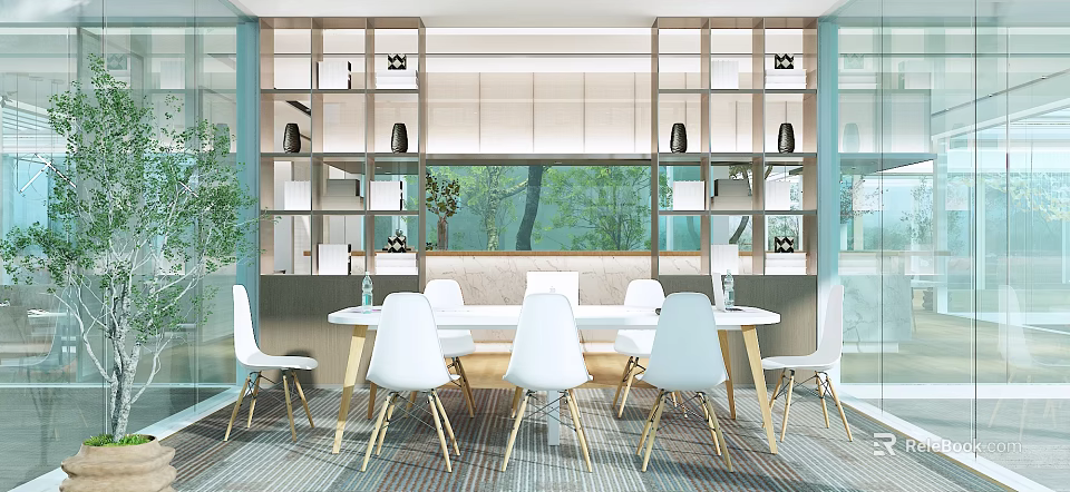 Modern Lounge Area Interior Design With White Chairs Golden Leg Table Bookshelves And Green Plants 3d model 