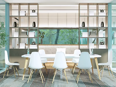 Modern Lounge Area Interior Design With White Chairs Golden Leg Table Bookshelves And Green Plants 3d model
