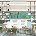 Modern Lounge Area Interior Design With White Chairs Golden Leg Table Bookshelves And Green Plants