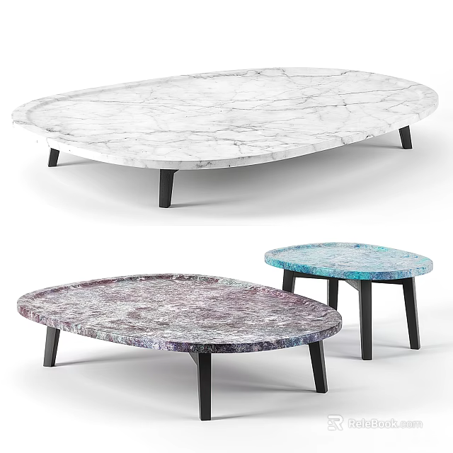 Modern Oval Coffee Table With White Purple Blue Marble Texture And Slim Black Legs 3d model 