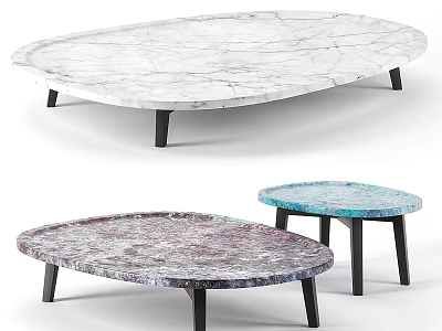 Modern Oval Coffee Table With White Purple Blue Marble Texture And Slim Black Legs 3d model