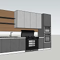 Modern Kitchen Interior With Gray And Wooden Cabinets Built in Ovens And Open Shelves