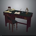Deep Red Writing Desk With Matching Chair Open Notebook Quill Pen Inkwell And Lamp