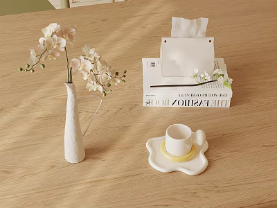 Decorative Ornament Set White Vase Orchid Flowers Tissue Box Books Coaster Cup on Wooden Tabletop 3d model
