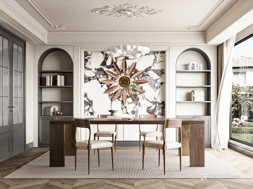 Elegant Modern Restaurant Interior With Luxurious Dining Table And Artistic Wall Decor 3d model