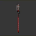Futuristic Axe Shaped Weapon With Red Handle Metallic Blades And Green Glowing Component