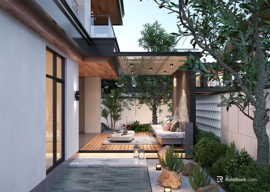 Courtyard Garden Design with Modern Covered Patio Wooden Flooring Outdoor Sofa and Green Plants 3d model 