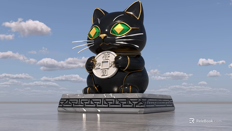 Black Lucky Cat Statue with Green Eyes Holding Chinese Coin on Base Against Blue Sky 3d model 