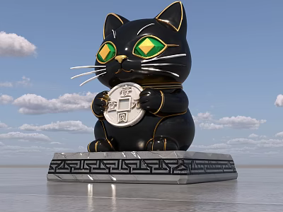 Black Lucky Cat Statue with Green Eyes Holding Chinese Coin on Base Against Blue Sky 3d model