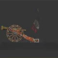 Vintage Military Cannon Scene With Wooden Wheels Flag Stones And Footprints