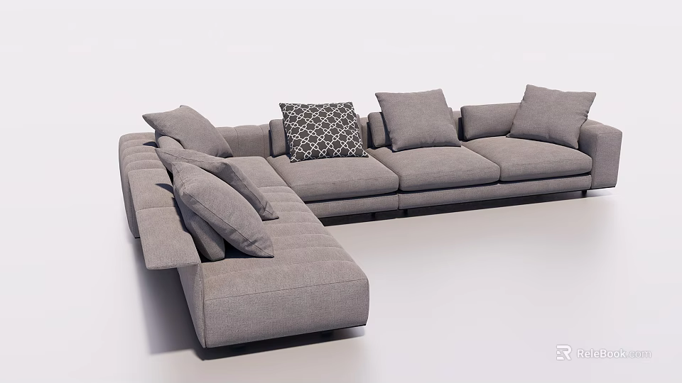 Modern Gray Sectional Sofa With Multiple Cushions And Geometric Patterned Pillow 3d model